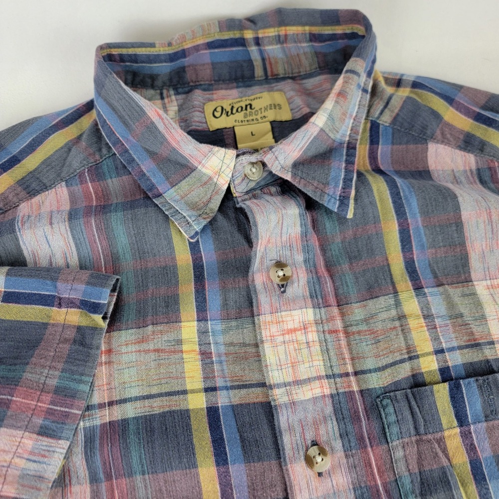 Orton Brothers Mens Large Short Sleeve Blue Plaid Button Down Shirt Cotton